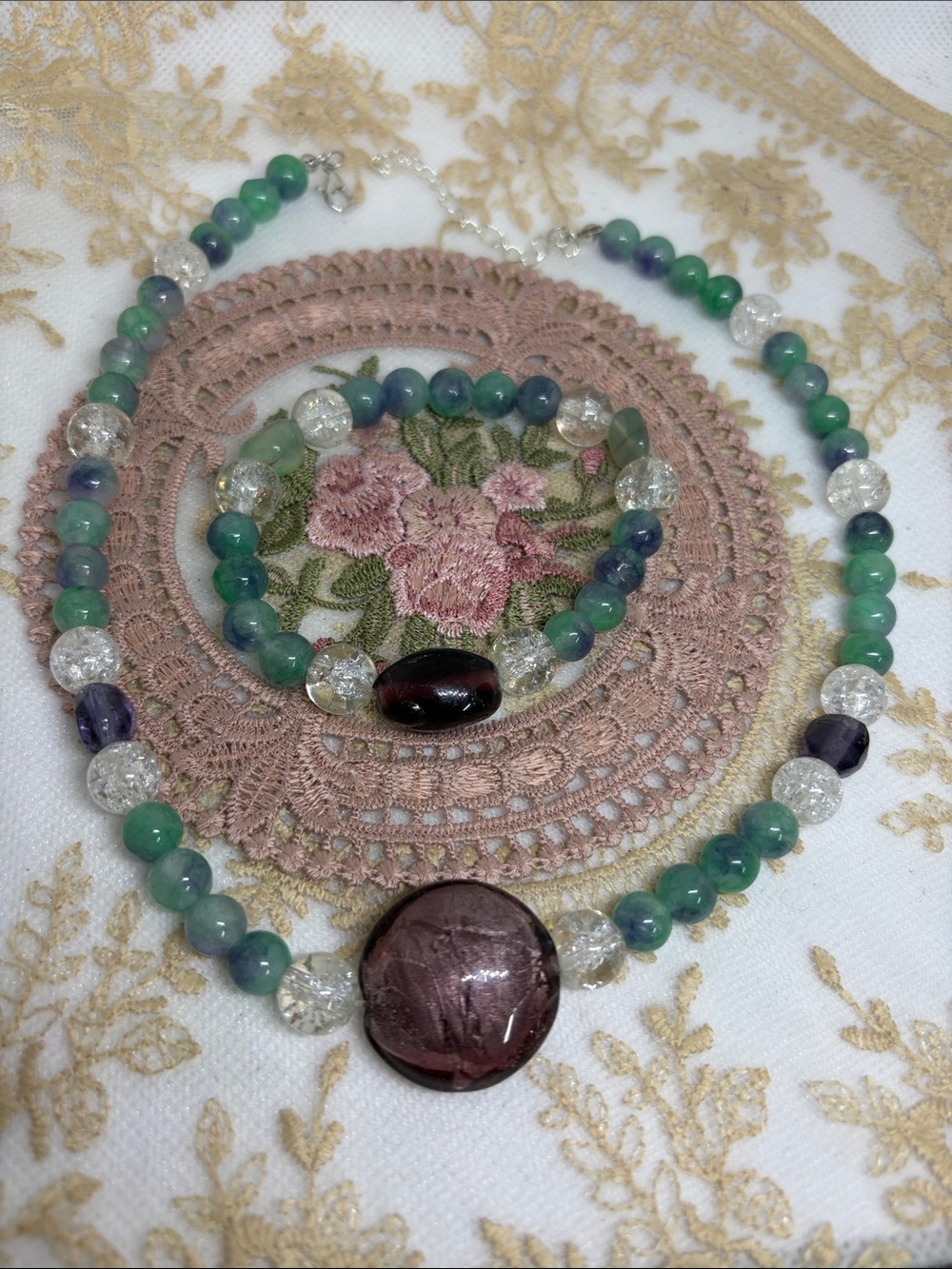 Handmade Agate Necklace & Bracelet Set | Vintage Lampwork & Crystal | OOAK